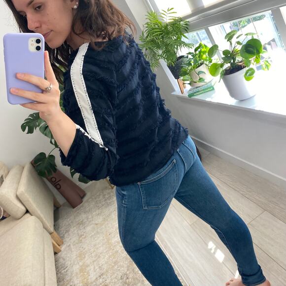 Zara Black & White Fringe Blouse Size Small - Picture 4 of 5